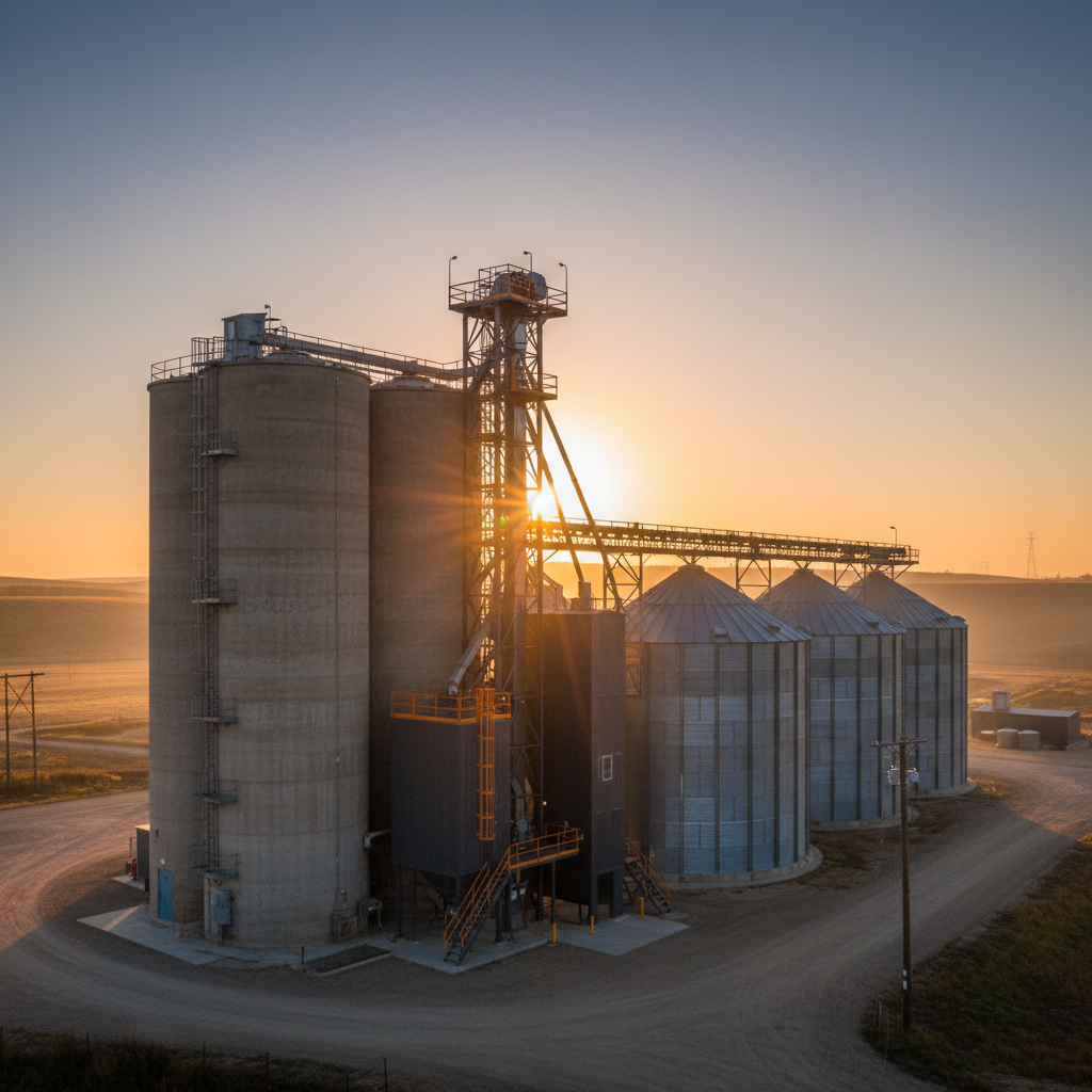 Grain elevator and feed mill structures with storage bins against the sky