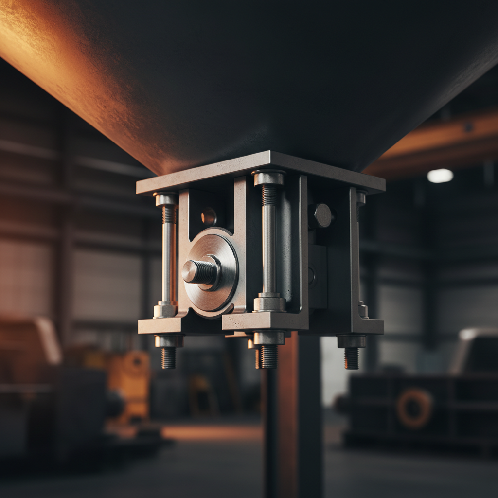 Close-up of a load cell mounting assembly under a steel weigh hopper leg
