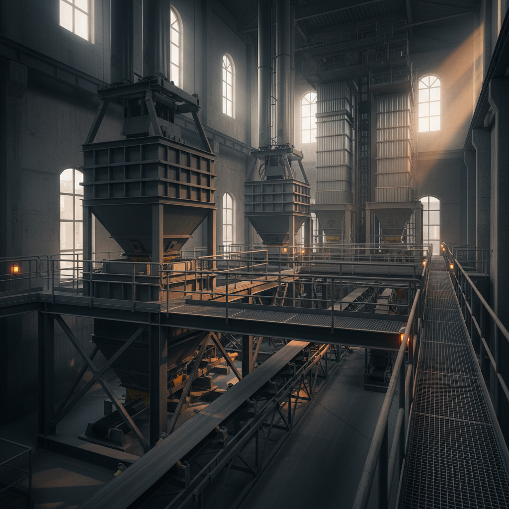 Batching plant interior with weigh hoppers, conveyors and structural steel