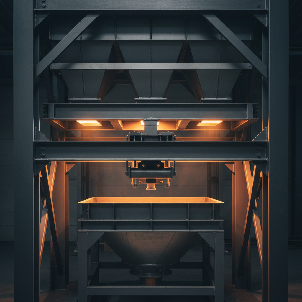 Steel batch weigh hopper receiving material from feeders above