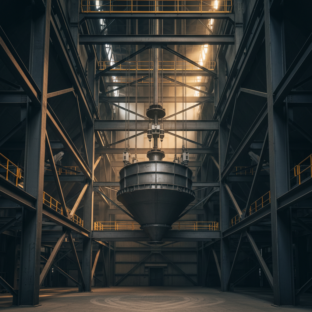 Suspended weigh hopper hanging from tension load cells in a plant structure